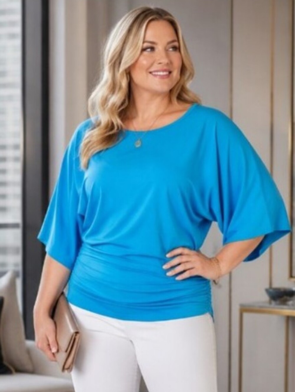 Peter Nygard  Blue Dolman Sleeve Top with Side Ruching
